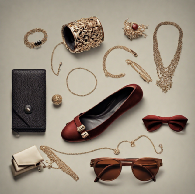 Rose gold fashion accessories including purse, shoes, and sunglasses